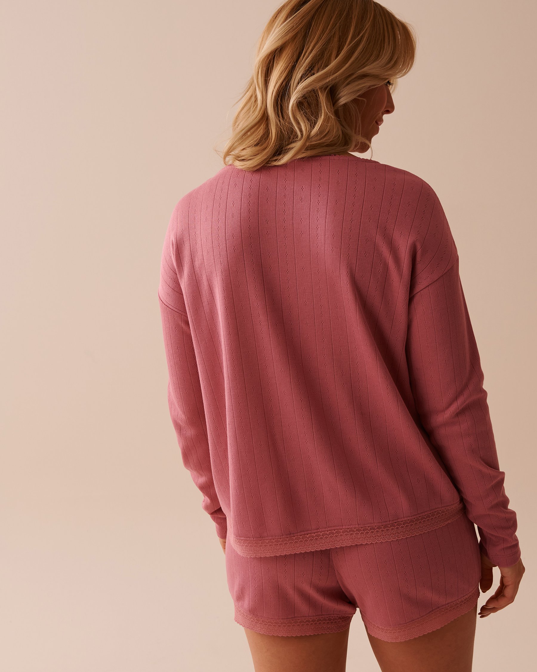 LA VIE EN ROSE Lace Trim Pointelle Knit Long Sleeve Shirt Dusty Pink 40100594 - View2