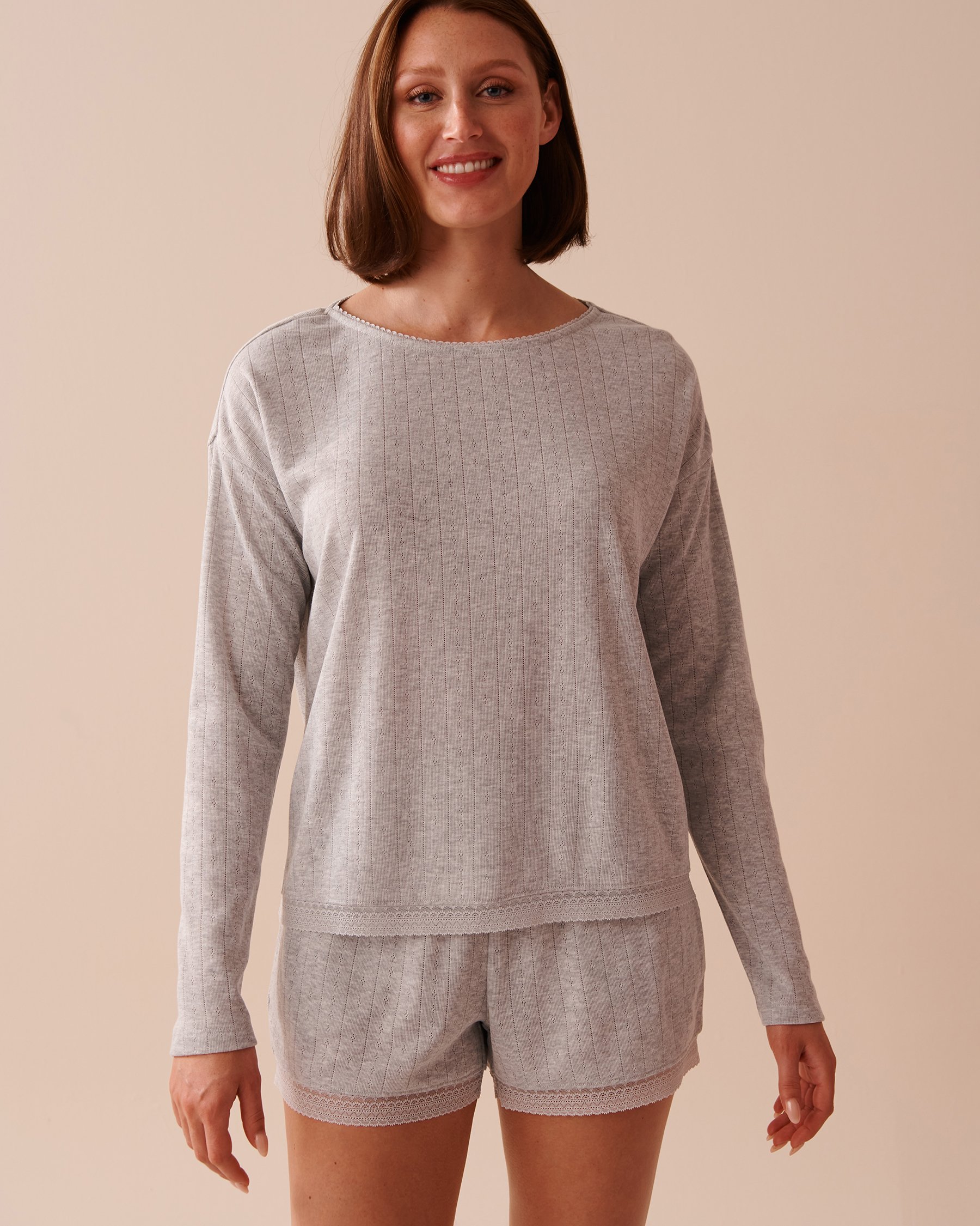 LA VIE EN ROSE Lace Trim Pointelle Knit Long Sleeve Shirt Grey 40100594 - View1
