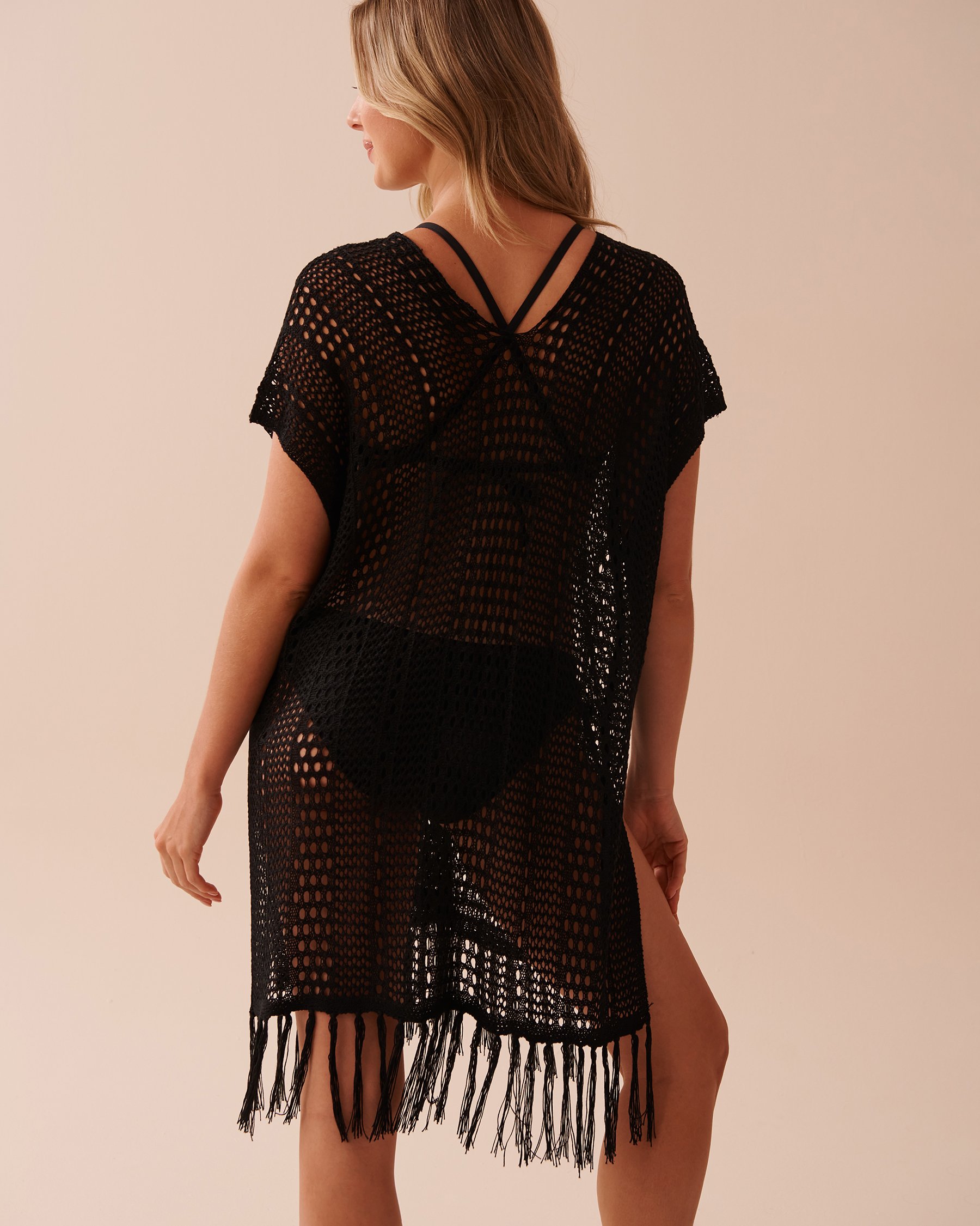 LA VIE EN ROSE AQUA Lace Up Crochet Caftan Black 80400060 - View2
