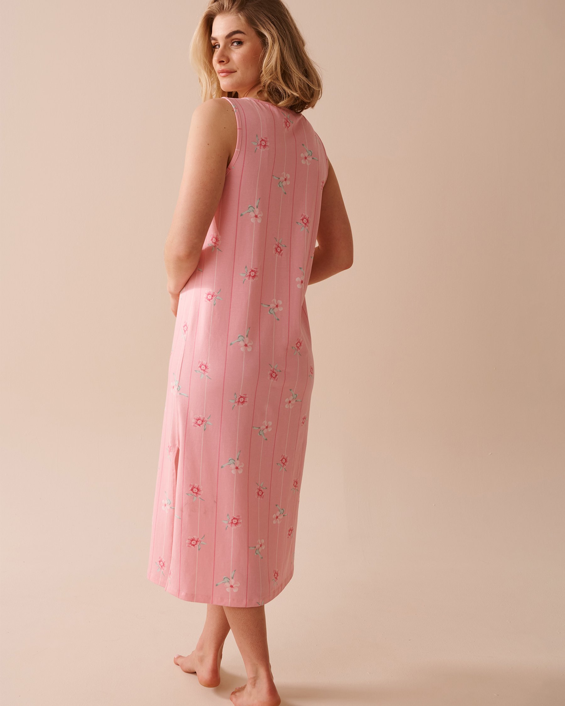 LA VIE EN ROSE Pink Floral Cotton Long Nightie Pink Flowers and Stripes 40500357 - View2