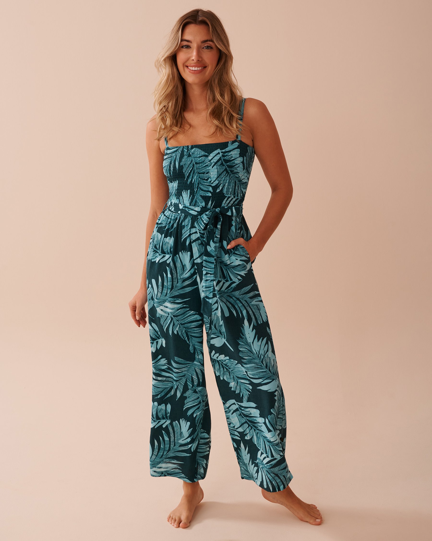 LA VIE EN ROSE AQUA Combinaison jambe large imprimé feuilles tropicales Oasis océanique 80300101 - View1