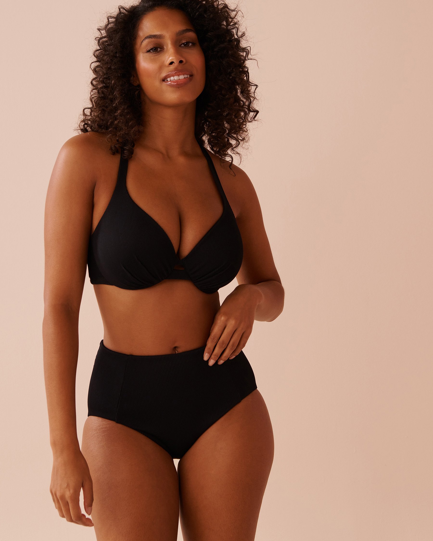 LA VIE EN ROSE AQUA SOLID Ribbed High Waist Bikini Bottom Black 70300681 - View3