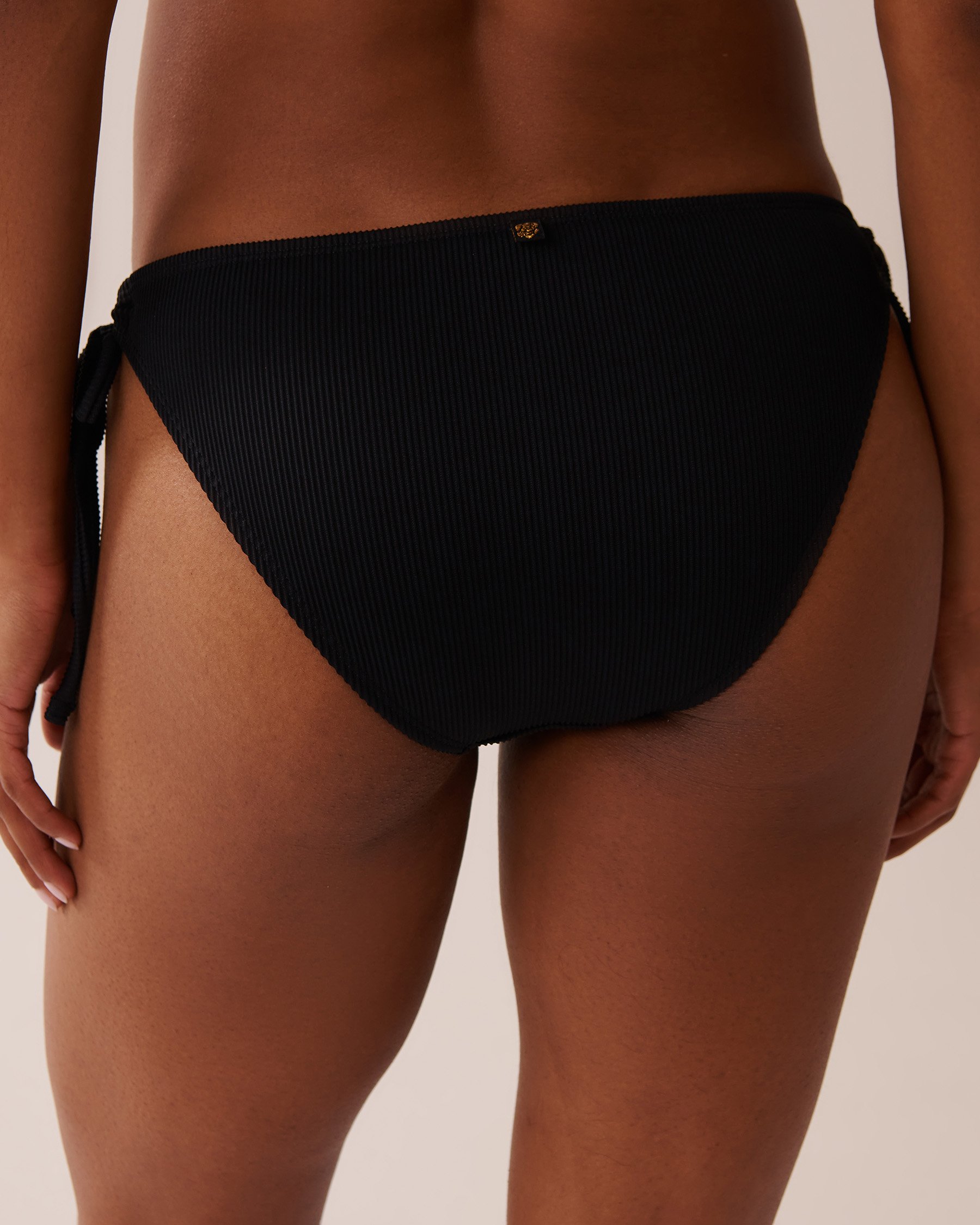 LA VIE EN ROSE AQUA SOLID Ribbed Side Tie Brazilian Bikini Bottom Black 70300678 - View2